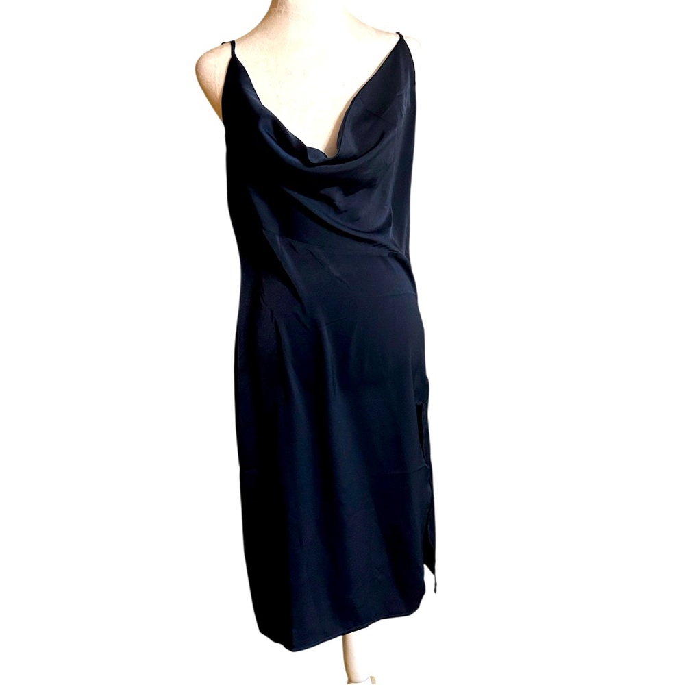 Navy Silk Slip Dress with Side Slit and Cowl Neck